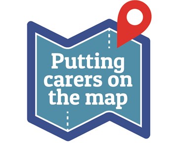 Icon for this year's theme of putting carers on the map in the shape of a folded map with a large red pin