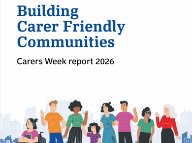 Front cover of Building Carer Friendly Communities report with illustration of a group of people